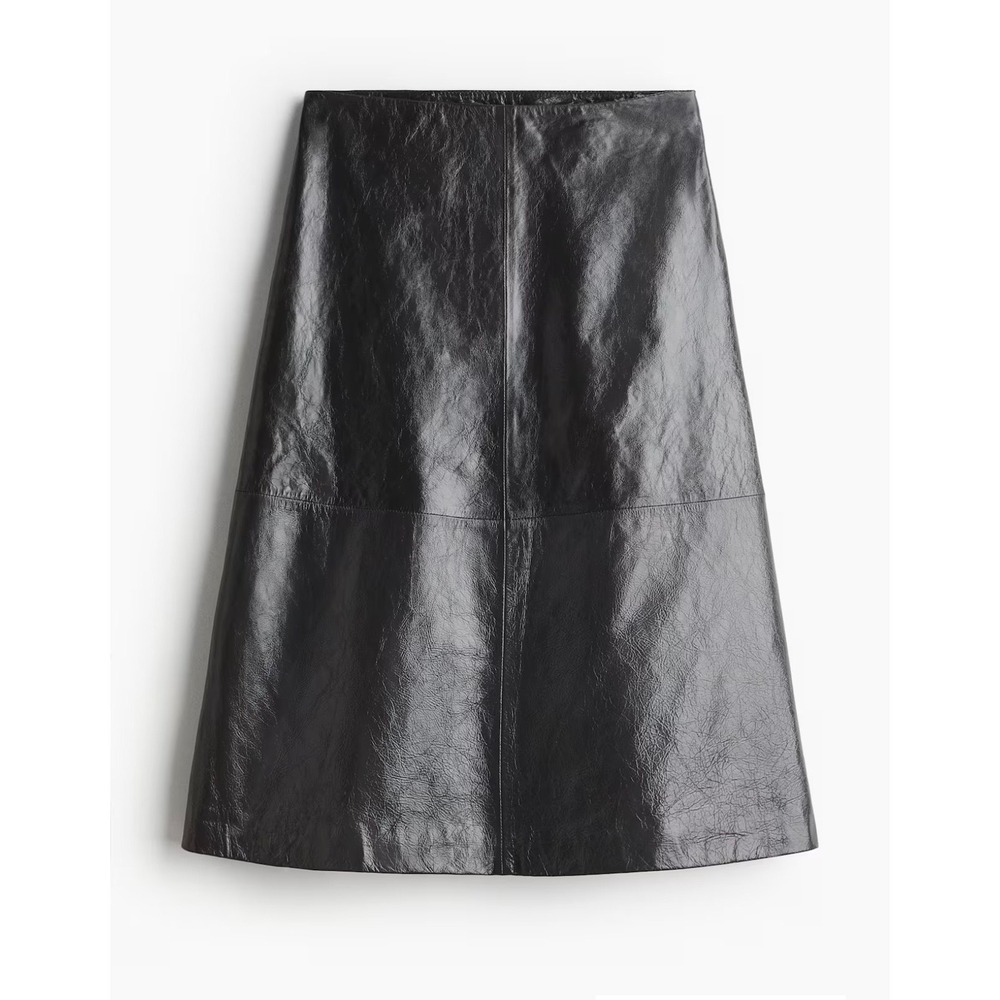 HM Studio Gray Chrome Free Tanned Leather A-Line Skirt XXL Crinkled Texture‎ NWT